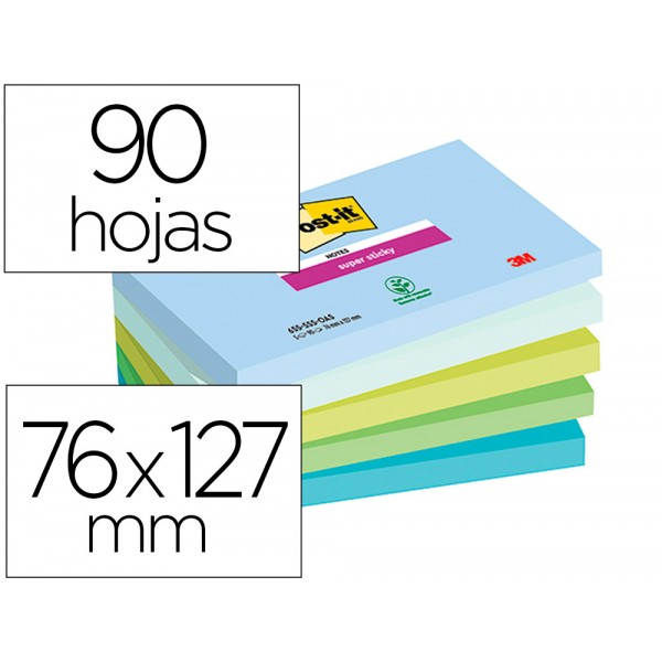 Bloco de notas adesivas post it super sticky oasis 76x127 mm 90 folhas 100 pefc pack de 5 unidades Bloco de notas adesivas post it super sticky oasis 76x127 mm 90 folhas 100 pefc pack de 5 unidades