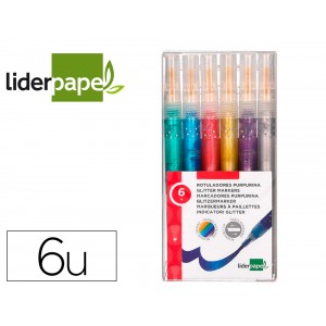 Marcador liderpapel efeito purpurina metalizada dupla ponta caixa de 6 marcadores cores sortidas