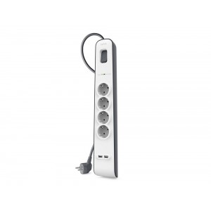 Extensao eletrica belkin bsv401vf2m protecao sobretensao 4 tomadas 2 portas usb botao corte corrente cor branco cinza