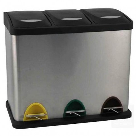 Contenedor de reciclaje con pedal TRIO INOX 3X15L