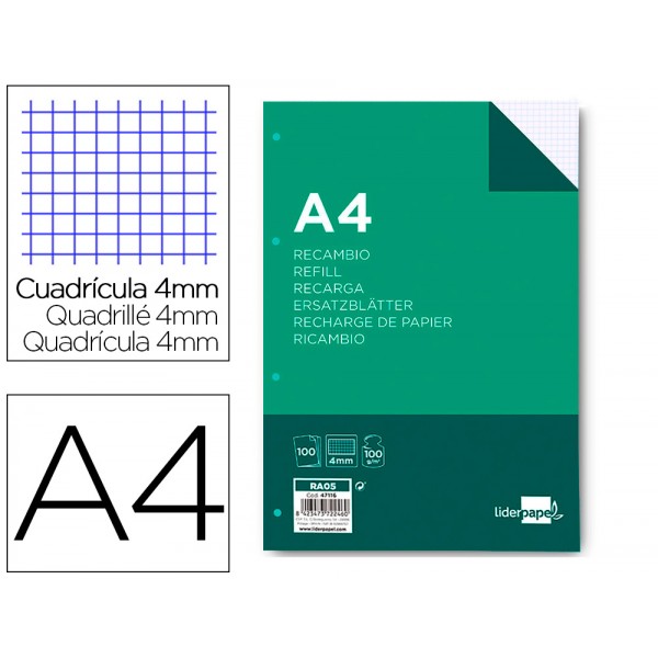 Recarga liderpapel din a4 100 folhas 100g m2 quadricula 4mm com margem 4 furos