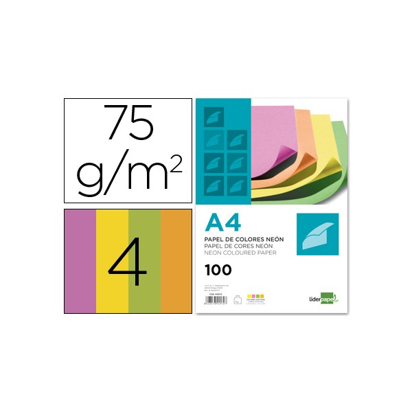 Papel de cor liderpapel din a4 75 gr pack de 100 quatro cores neon sortidas