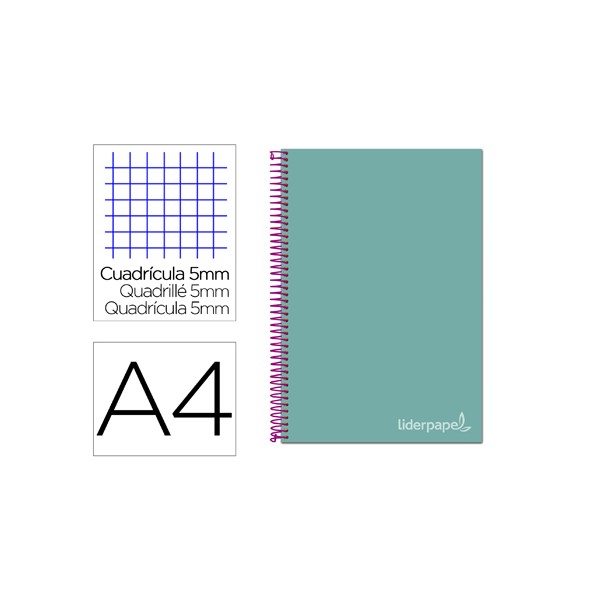 Caderno espiral liderpapel din a4 jolly capa forrada 140 f 75 gr quadricula 5mm 5 bandas de cores 4 furos cor turquesa