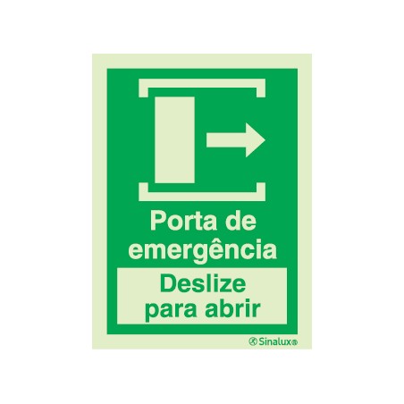 Sinal de porta de emergência deslize para a direita para abrir