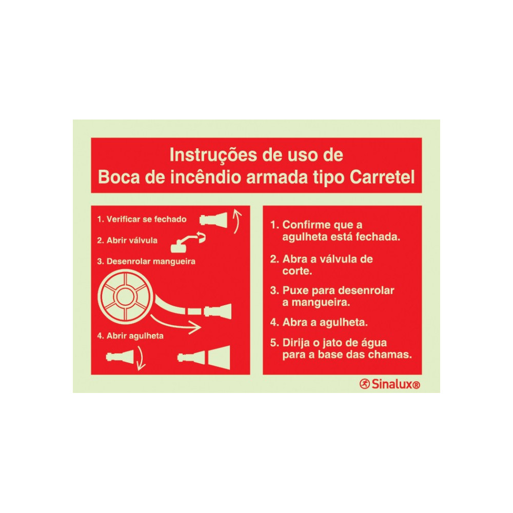 Sinal de instruções de uso de boca de incêndio armada tipo carretel
